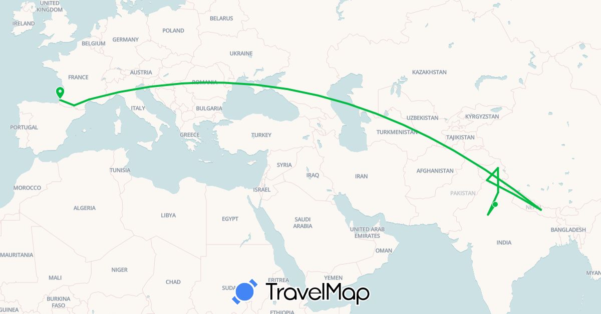 TravelMap itinerary: bus in France, India, Nepal (Asia, Europe)